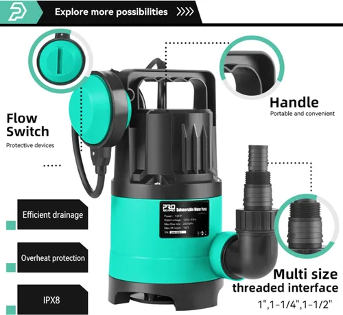 Vista 5 de Bomba de sumidero de 2000 GPH, bomba de agua sumergible Prostormer de 1/2 HP con interruptor de flotador automático, bomba de utilidad portátil