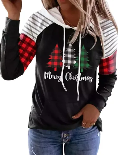 Vista 7 de LLHXRUI Sudadera de Navidad con diseño de árbol a cuadros y rayas para mujer, camiseta con bolsillo con capucha, manga larga, bloque de color Como