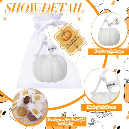 Vista 5 de Treela Juego de 24 velas de calabaza para otoño, baby shower, regalos de fiesta para invitados de calabaza, regalos de agradecimiento a granel