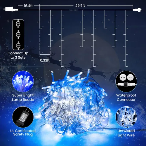Vista 7 de Toodour Luces de Carámbano de Navidad Blancas y Azules, 29.5 pies, 360 Luces LED de Carámbano, 8 Modos, 60 Gotas, Luz LED de Navidad para Cortina