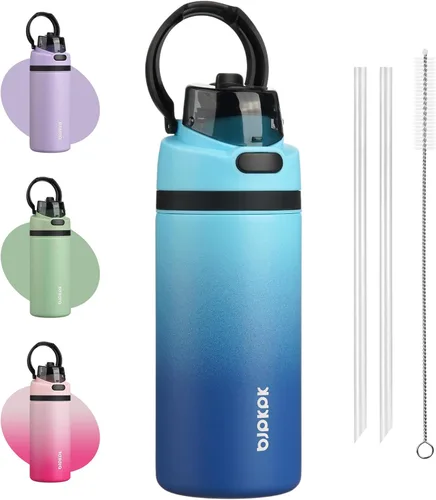 Vista 19 de BJPKPK Botella de agua aislada de 17 onzas con tapa de popote y asa, acero Verde militar