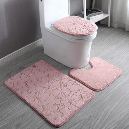 Vista 9 de Juego de 3 alfombras y tapetes de baño antideslizantes de mármol negro dorado, suave, lavable, absorbente de agua, con contorno en forma de U y tapa