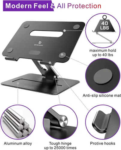 Vista 3 de Soporte ajustable para computadora portátil MacBook para escritorio Elevador ergonómico de aluminio para laptop con ventilación térmica, Negro