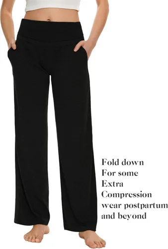 Vista 9 de Ecavus Pantalones de maternidad anchos y rectos para mujer, versátiles, cómodos, palazzo, elásticos, con bolsillos