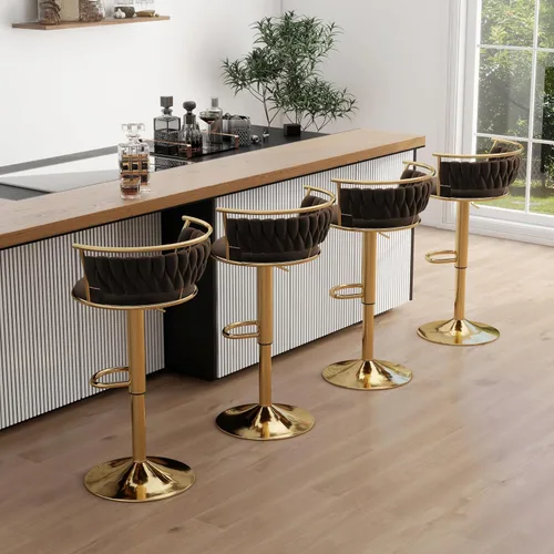 Vista 38 de Juego de 2 taburetes de bar giratorios de 360°, silla de bar de terciopelo ajustable a altura de mostrador moderna, taburete de metal plateado