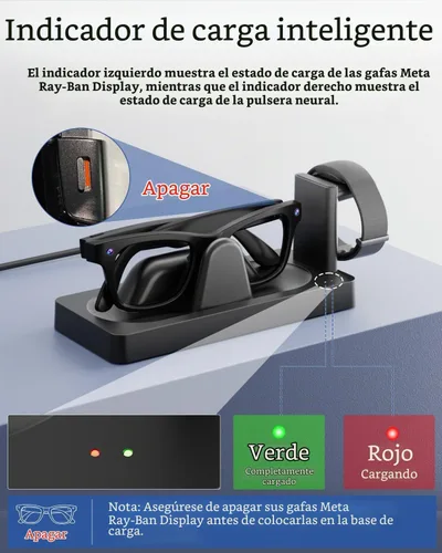 Vista 5 de [Usado] Base de carga para pantalla Meta RayBan y gafas inteligentes de banda neural Base 3 en 1, carga integral. Chip inteligente + carga rápida.