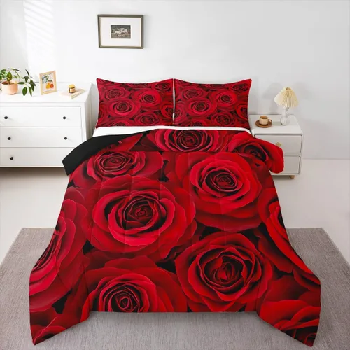 Vista 10 de Juego de edredón de rosas rojas, tamaño individual, juego de ropa de cama floral rojo degradado negro para niñas, mujeres, niños, adolescentes