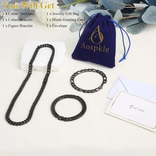 Vista 4 de Collar de pulsera Figaro de eslabones cubanos de 3 piezas, plata dorada y negra, resistente acero inoxidable 316L, cadena Figaro de eslabones