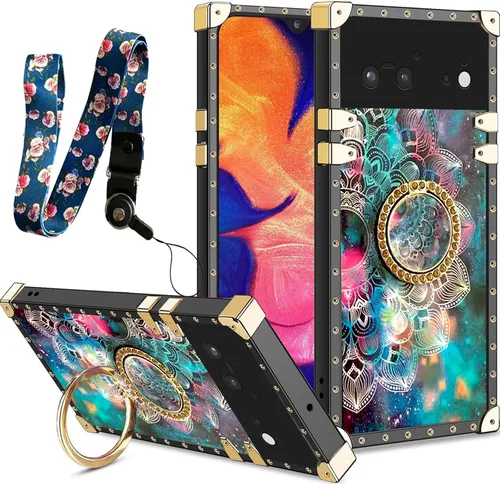 Vista 72 de nancheng Funda para Google Pixel 6 de lujo, diseño de abeja, corazón y abeja, chapado en oro, con anillo de diamante de 360°, correa de cordón