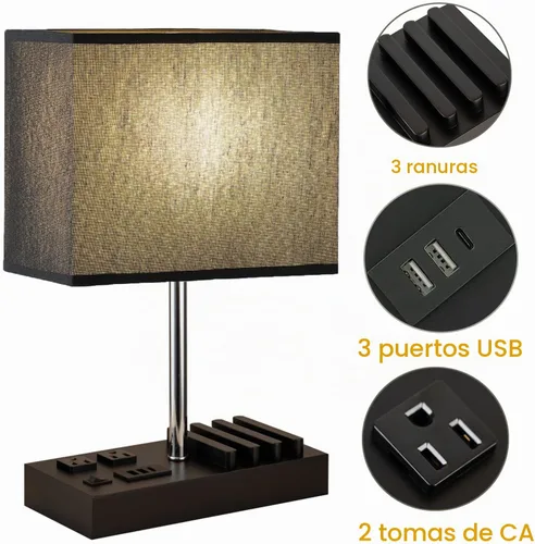 Vista 2 de Lámpara de mesa USB, lámpara multifuncional de mesita de noche con 2 salidas de CA, 3 puertos de carga USB y organizador de soporte de teléfono