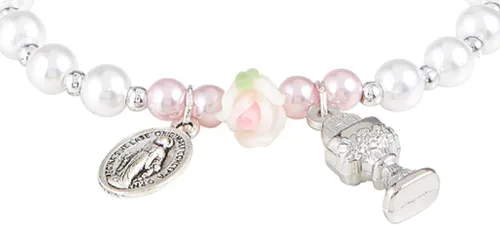 Vista 2 de Pulsera perlada de Mi Primera Comunión con cuentas de rosas, medalla milagrosa y dijes de cáliz, 6 12 pulgadas, Plástico