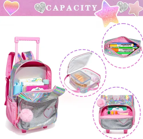 Vista 5 de HTgroce Mochila con ruedas para niñas, mochila escolar con ruedas, bolsa escolar con bolsa de almuerzo y bolsa para lápices, mochila con ruedas