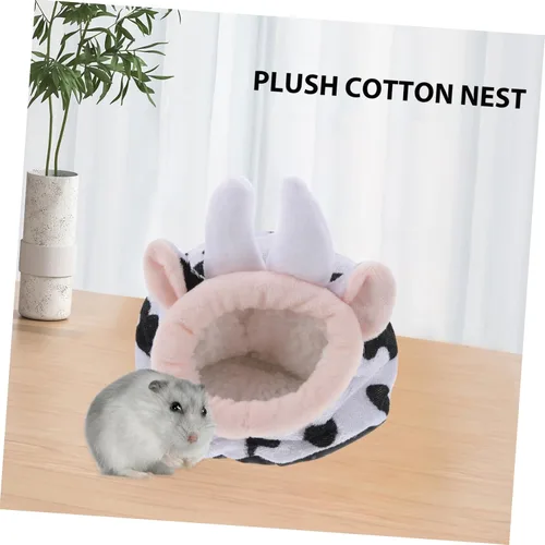 Vista 8 de VILLCASE Hámster de algodón para mascotas, acogedor escondite para conejillos de indias, cama de algodón cálida y adorable con estampado de vaca