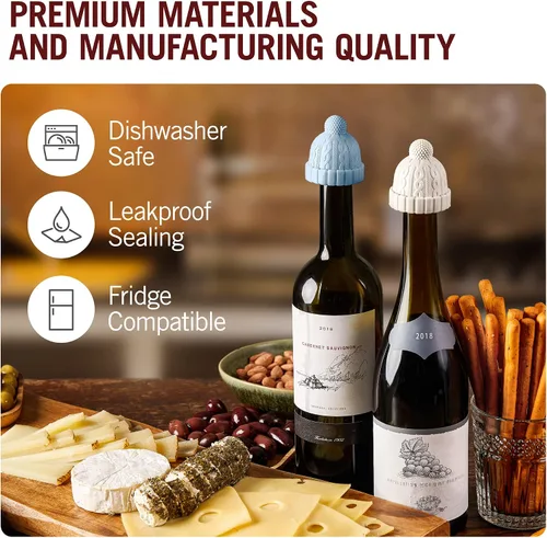 Vista 6 de Tapón decorativo de botella de silicona con forma de gorro en caja de regalo, juego de dos, tapón novedoso, conservador de bebidas y vino, tapones