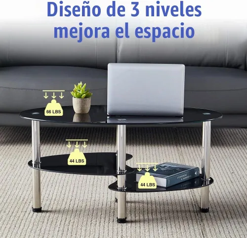 Vista 3 de Mesa de té de vidrio ovalada para oficina, mesa de centro moderna de 3 niveles, mesa auxiliar para sala de estar (negro)