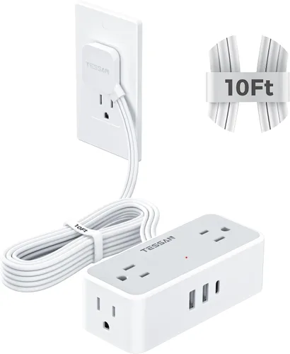 Vista 18 de Cable de extensión plano de 5 pies, TESSAN Regleta de protección contra sobretensiones con 4 tomas de CA ampliamente espaciadas, protección contra
