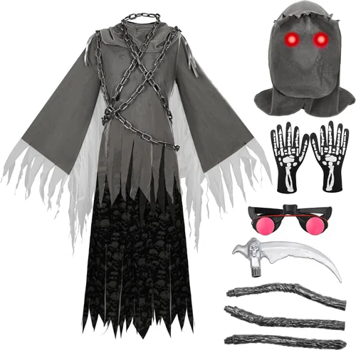 Vista 4 de Spooktacular Creations Disfraz unisex de la parca para niños, disfraz de Halloween con ojos rojos brillantes para niños para pedir truco o trato