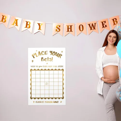 Vista 6 de Geyee Decoraciones de baby shower, juego de ducha con predicción neutra para fecha de nacimiento, grande, divertido letrero de calendario de bebé