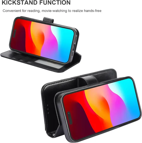 Vista 6 de Funda tipo cartera desmontable Bocasal para iPhone 15 Pro Max con bloqueo RFID, ranuras para tarjetas, soporte magnético, cuero PU premium, atril