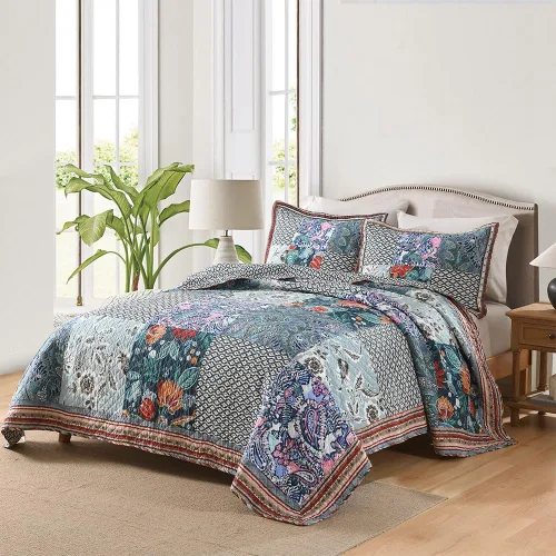 Vista 13 de VISIMISI - Juego de colcha de algodón, juego de cubrecama reversible de retazos, 3 piezas, diseño vintage floral de mosaico azul, tamaño queen