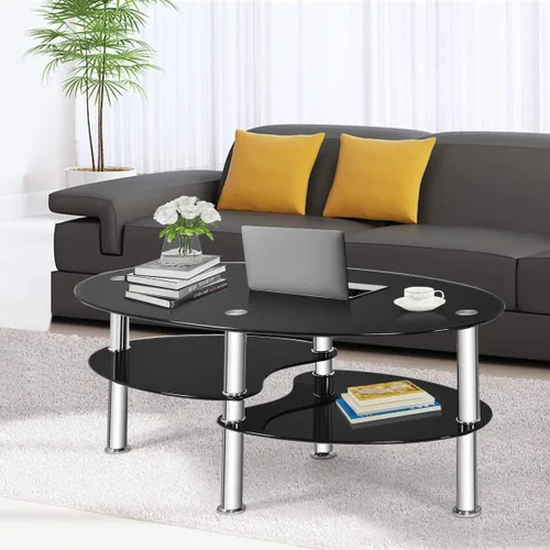 Vista 4 de FANTASK Mesa de centro de vidrio templado, mesa de té ovalada de acero de 3 niveles con amplio escritorio de vidrio, estante de almacenamiento