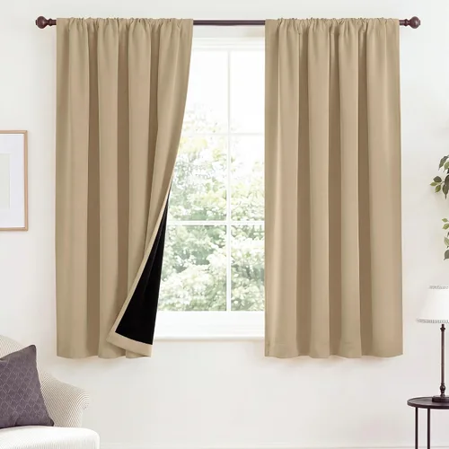 Vista 71 de NICETOWN Biscotti Beige 100% Cortinas opacas de 45" de largo para cocina, bolsillo con varilla para sótano completamente opaco, cortinas térmicas