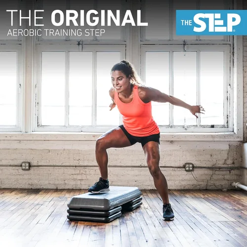 Vista 2 de La Plataforma de Ejercicio STEP Original, Escalón de Tamaño de Gimnasio para Ejercicio en Casa con 4 Elevadores Apilables para Ajustes de Altura