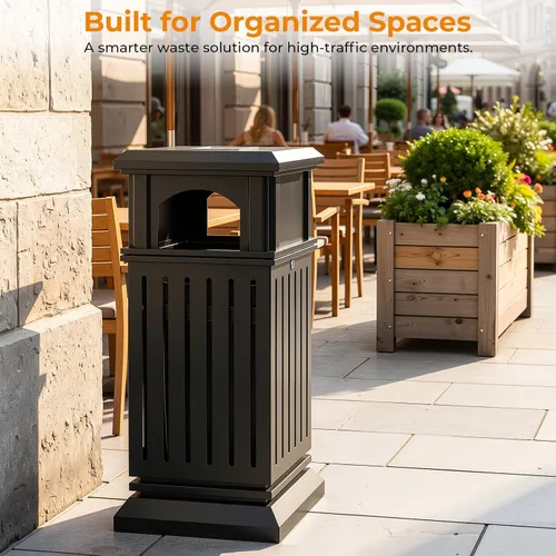 Vista 2 de BEAMNOVA Cubo de basura negro para exteriores, bandeja superior de acero inoxidable con tapa de bloqueo, contenedor de basura industrial resistente