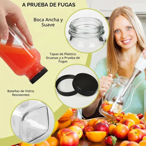 Vista 3 de Botellas de jugo de vidrio de 8 onzas con tapas, paquete de 3 - Frascos reutilizables pequeños para jugos verdes, shots y batidos