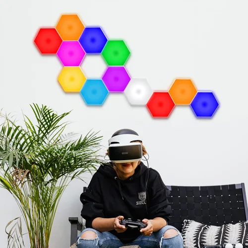 Vista 4 de Vcwtty Luces Hexagonales, Luces LED Inteligentes de Pared con Control Remoto, 13 Colores Sensibles al Tacto DIY Paneles de Pared RGB Modulares