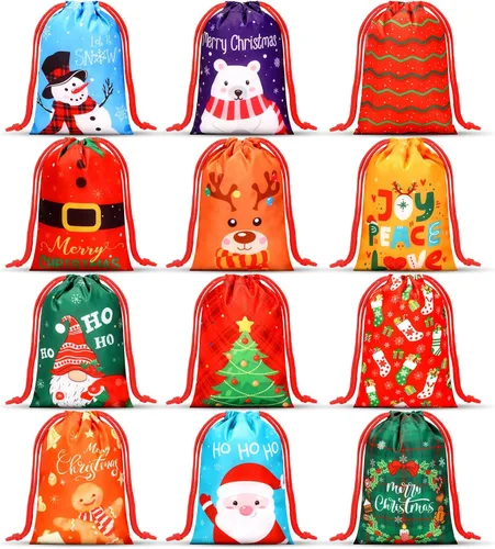 Vista 8 de Xuniea 12 bolsas de recuerdos de fiesta de Navidad para niños, mochila con cordón de Papá Noel, golosinas de Papá Noel, bolsas de regalo, regalos