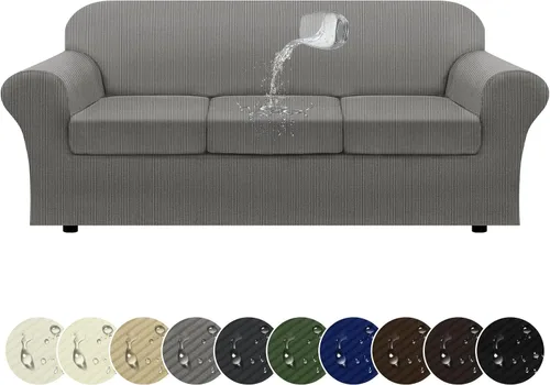 Vista 27 de Funda impermeable para silla con brazos, juego de 2 piezas, funda a rayas para 1 sofá separado con cojín en T, fundas de sillón de tela