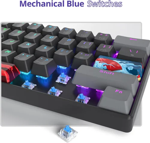 Vista 4 de Owpkeenthy Teclado mecánico con cable 60% para juegos con interruptor azul, teclado RGB ultra compacto, teclas retroiluminadas, teclas N-Key
