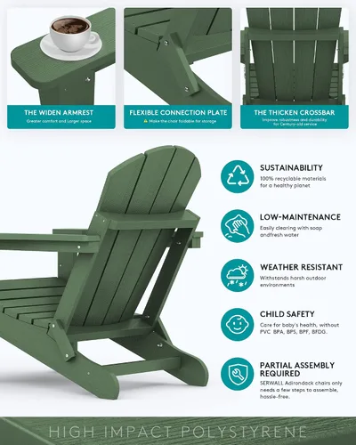 Vista 5 de SERWALL Silla Adirondack plegable para exteriores, silla de patio con portavasos - Ejército