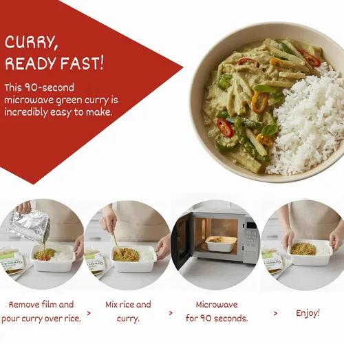 Vista 5 de Curry verde tailandés orgánico vegano con arroz jazmín, curry tailandés vegano, sin OMG, sin MSG, sin gluten, comida de curry instantánea, solo