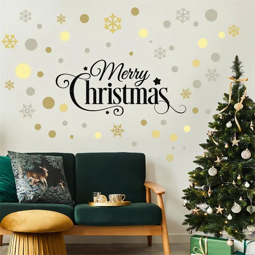 Vista 3 de Calcomanías de pared de copos de nieve de lunares dorados, marrones y grises, vinilo extraíble para decoración de Navidad, sala de estar