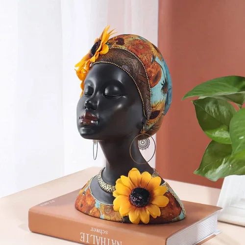 Vista 6 de Estatua de busto de arte africano, decoración del hogar, figuras de niña de girasol africano, decoración del hogar, escultura de busto afroamericana