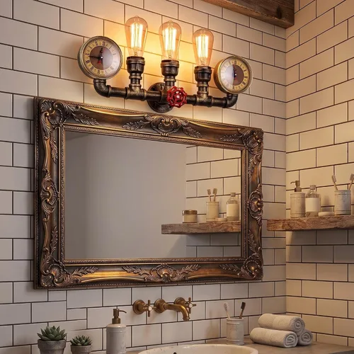Vista 4 de Aplique de pared de tubo de agua de 3 luces, lámpara de pared Steampunk industrial retro en bronce antiguo