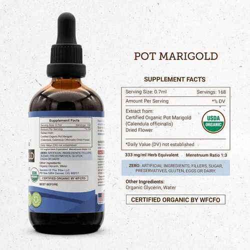 Vista 4 de Secrets of the Tribe Pot Marigold USDA Organic Extracto sin alcohol, gotas de hierbas de alta potencia Hecho de caléndula orgánica 100%
