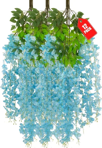 Vista 49 de Paquete de 12 flores colgantes de glicina rosa, flores colgantes falsas de 3.44 pies, guirnalda de glicina artificial para decoración de boda, telón