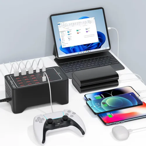 Vista 7 de Bloque de Cargador USB C, 125W (25A) 25 Puertos (15 USB A y 10 USB C) Estación de Carga Múltiple, Cargador de Pared de Escritorio Compatible