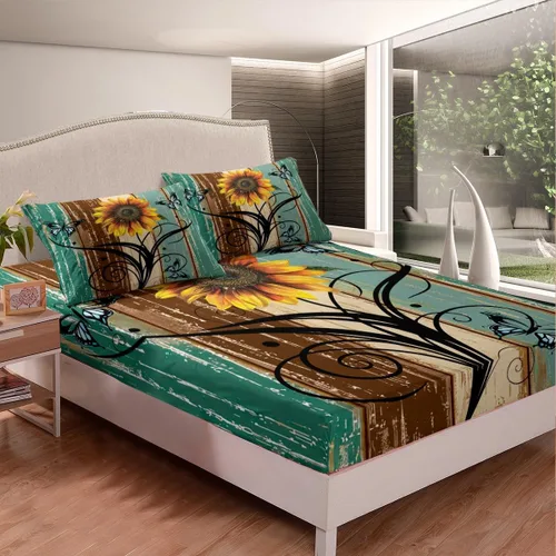 Vista 3 de Erosebridal Juego de ropa de cama rústica de tamaño individual, diseño de mariposa y girasol, para niños, adolescentes, adultos, retro, grunge