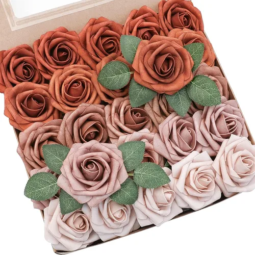 Vista 16 de Floroom Flores artificiales, 25 piezas de rosas falsas de espuma de color verde azulado de aspecto real con tallos para bricolaje, ramos de boda
