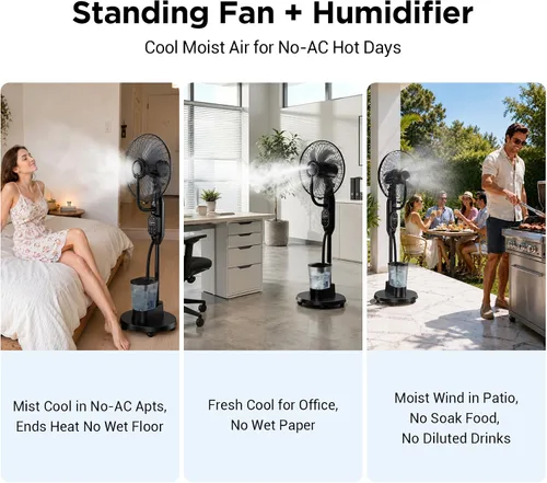 Vista 7 de Misting Fan, Standing Fan 8 Blades with Humidifier, Oscillating Fan with 3 Misting Modes 9 Speeds 7H Timer, Quiet Fan for Bedroom