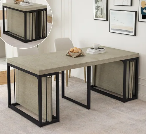 Vista 9 de KEIKI Mesa de comedor plegable extensible de 23.62 a 118 pulgadas de largo para 2 a 10 personas, muebles de madera moderna y rústica rectangular