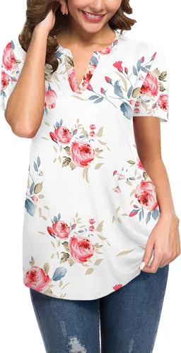 Vista 2 de Neineiwu Blusas de manga corta con cuello en V y corte holgado para mujer