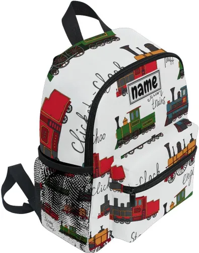 Vista 2 de Mochila personalizada con nombre para niños, mochila de dibujos animados de trenes vintage para guardería, viajes, con nombre personalizado, bolsa