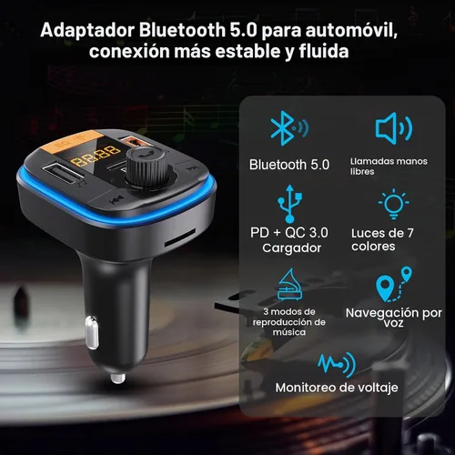 Vista 2 de Bluetooth 5.4 Adaptador PD20W+QC3.0, transmisor FM Bluetooth para coche