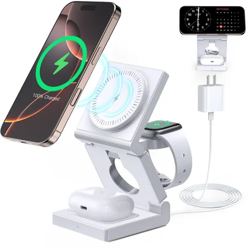 Vista 10 de Estación de carga inalámbrica 3 en 1 para múltiples dispositivos Apple - Cargador inalámbrico magnético plegable para viajes - Cargador de 18W