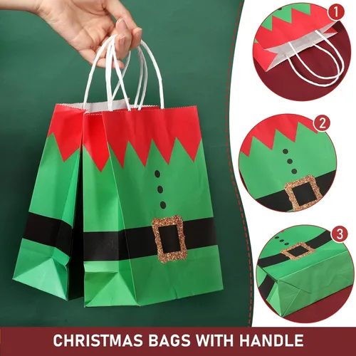 Vista 3 de Blulu 16 piezas de bolsas de regalo de papel para Navidad, elfos de Navidad con impresión de traje de elfo, bolsas de fiesta de Navidad con asa